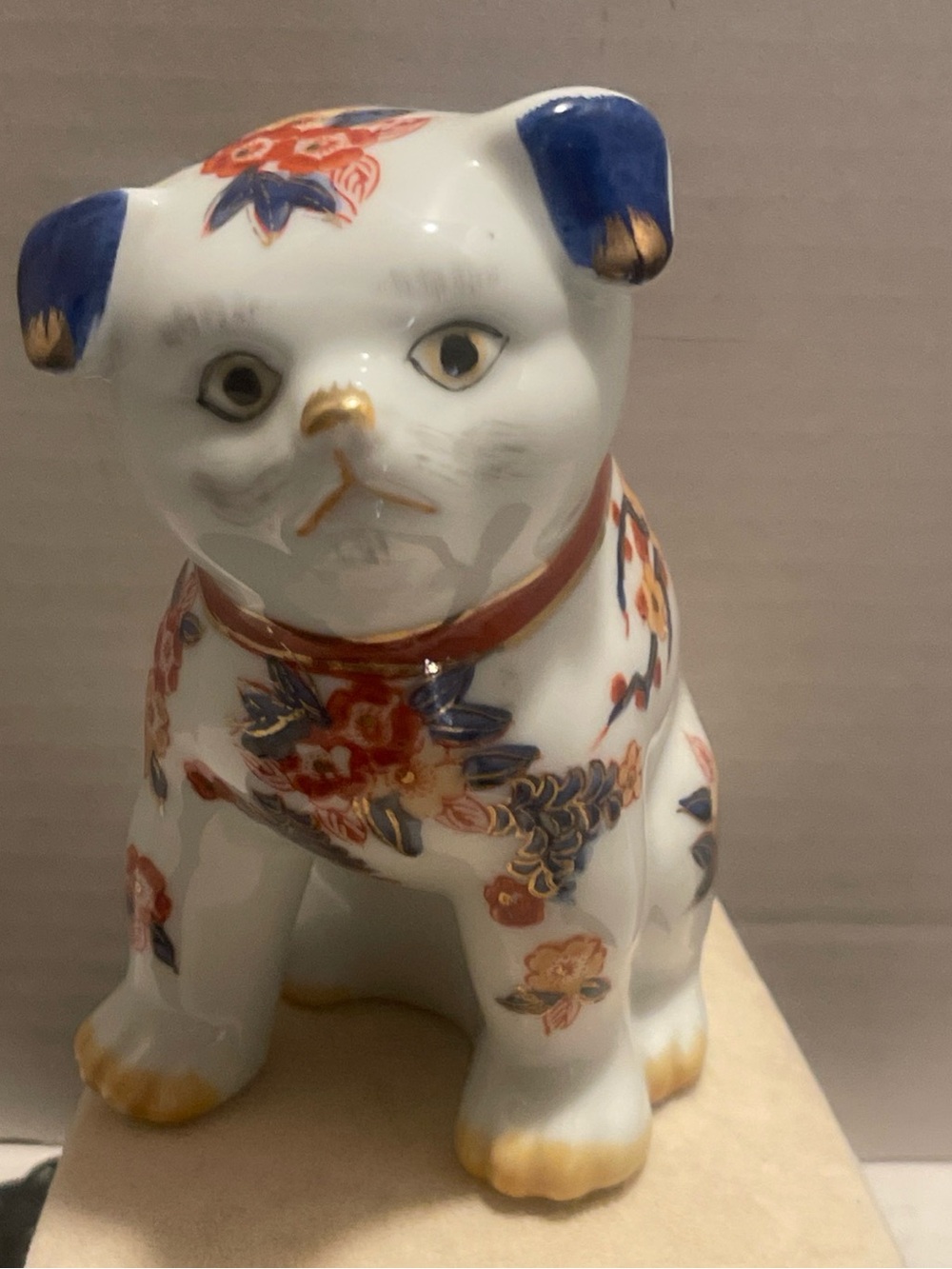 Vintage Japanese Porcelain Dog Figurine - White with Blue & Gold Floral Accents